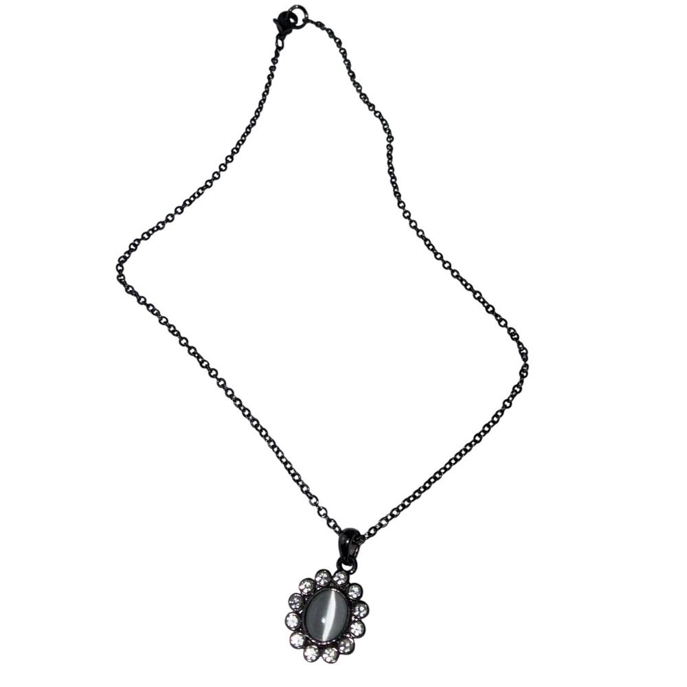 Cat Eye Stone Halo Rhinestone Pendant Necklace Dark Tone Chain Goth Witchy Moon